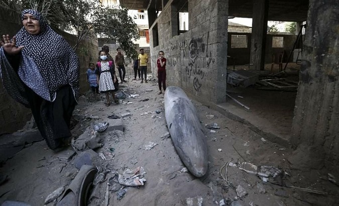 An unexploded Israeli bomb in a residential area, Gaza, May 18, 2021.