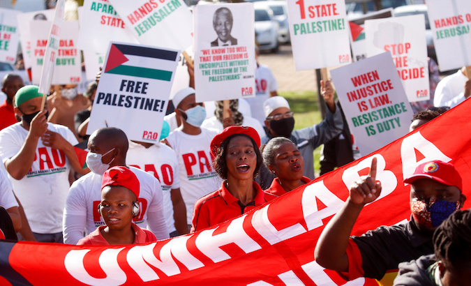 Trade unions march in solidarity with Palestine in Pretoria, South Africa, May 24, 2021.