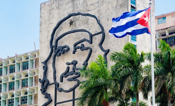 Cuban flag waves at the Revolution Square, Havana, Cuba, May 2021.