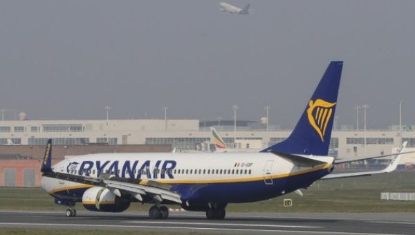 A Ryanair flight lands at the Brussels Airport in Zaventem, Belgium, April 19, 2021.