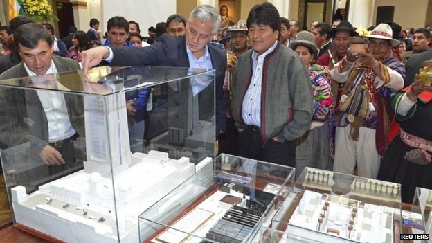 President Evo Morales is shown the model for the 