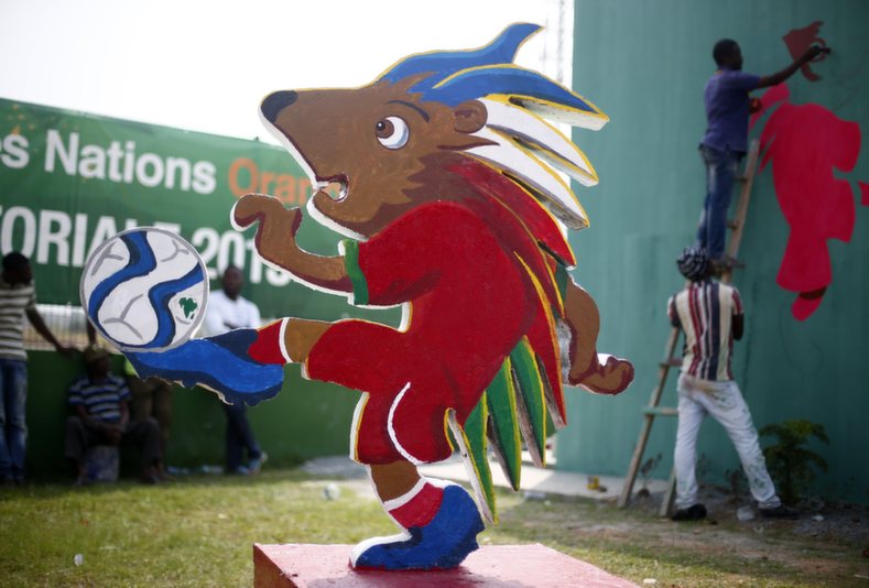 Chuku Chuku, the official mascot of the upcoming African Nations Cup outside the Estadio de Bata 