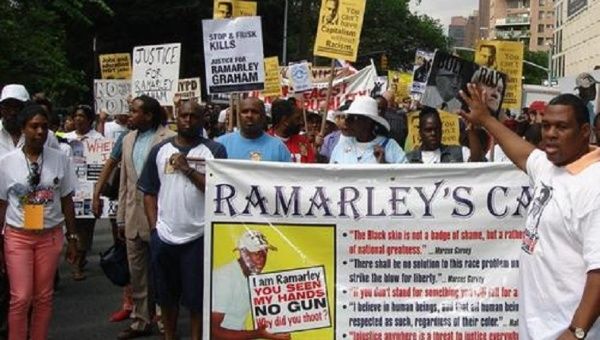 Supporters rally for justice in the police killing of Ramarley Graham in New York City in an undated photo