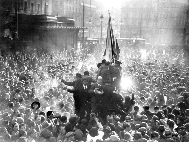 People celebrating the proclamation of the Second Republic in Madrid's Plaza Sol in 1931.