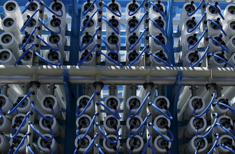 Reverse osmosis filters are seen as construction continues on the Western Hemisphere's largest seawater desalination plant in Carlsbad, California April 14, 2015. The biggest ocean desalination plant in the Western Hemisphere, a US$1 billion project under construction since 2012 on a coastal lagoon in the California city of Carlsbad, is nearly completed and due to open in November, delivering up to 50 million gallons of water a day to San Diego County.