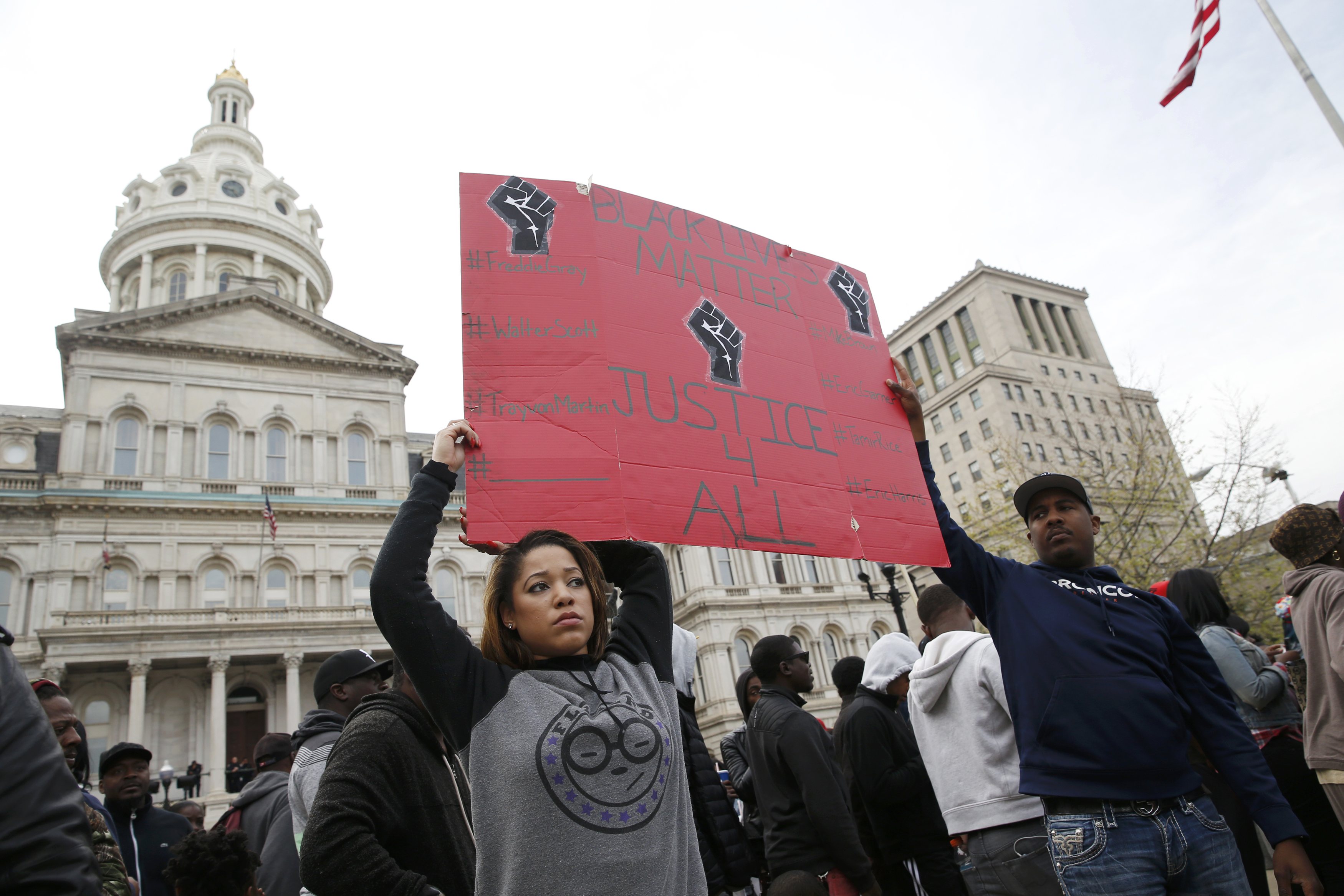 Protesters gather for a rally in Baltimore to protest the death of Freddie Gray, who died while in police custody.