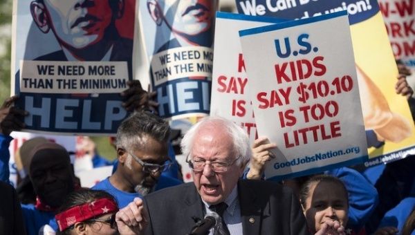 Senator Bernie Sanders addresses a crowd.