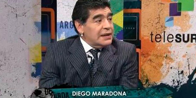 Maradona appears on teleSUR. He told his friend and co-host Victor Hugo Morales that he is standing as a candidate for the FIFA presidency.