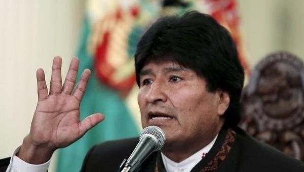 The president of Bolivia, Evo Morales speaks during a press conference at the presidential palace in La Paz, April 15, 2015.