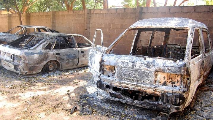 Archive photo of a burning vehicle following an attack in Damaturu, Nigeria, November 8, 2011.