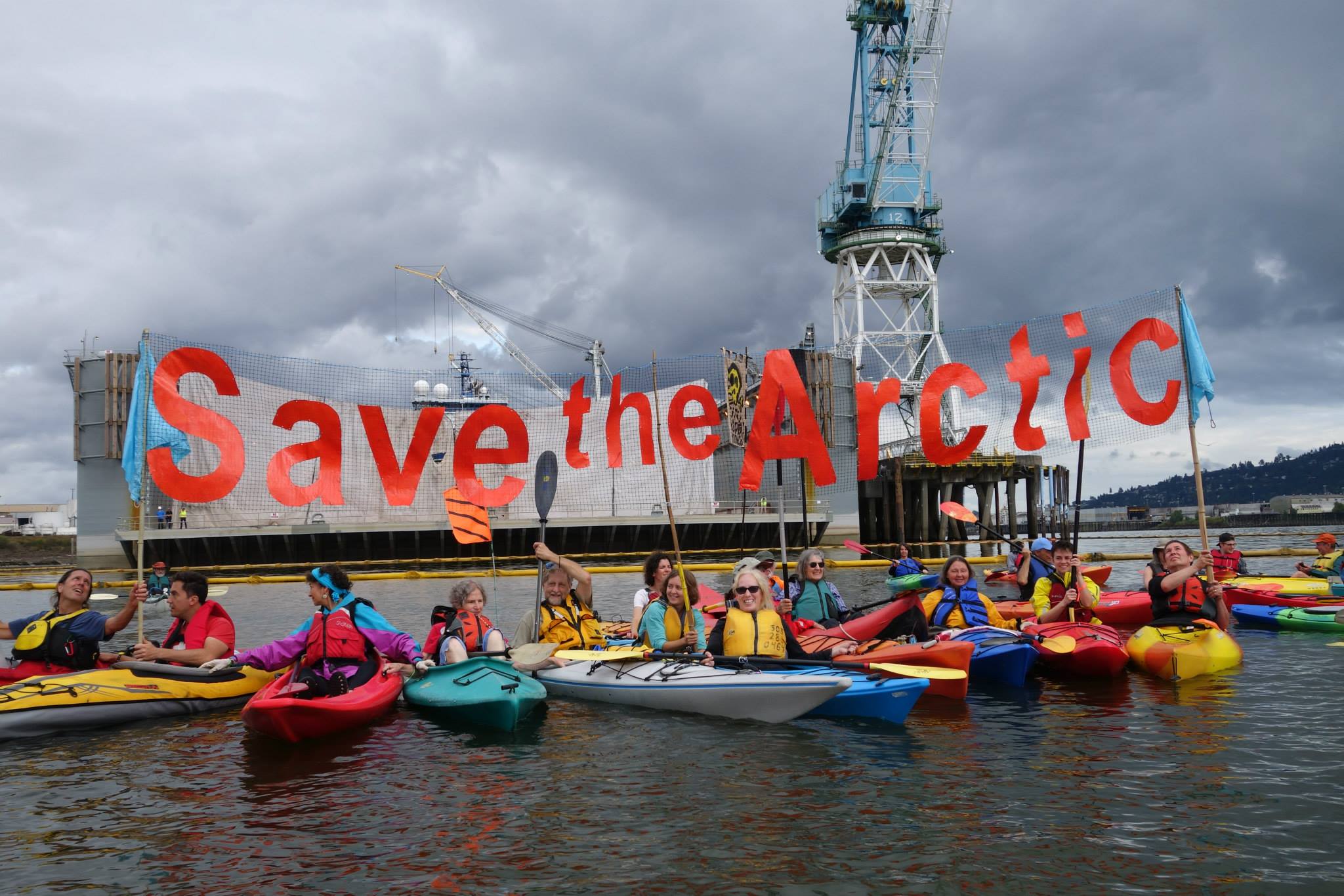 Protest took place in front of Vigor Industrial's shipyard dock, where Shell's drilling support ship, the Fennica, is being repaired for a damaged hull.