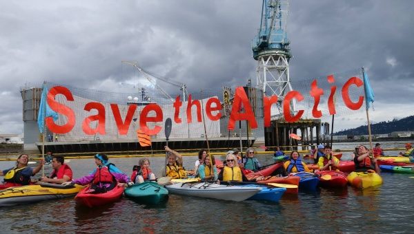 Protest took place in front of Vigor Industrial's shipyard dock, where Shell's drilling support ship, the Fennica, is being repaired for a damaged hull.