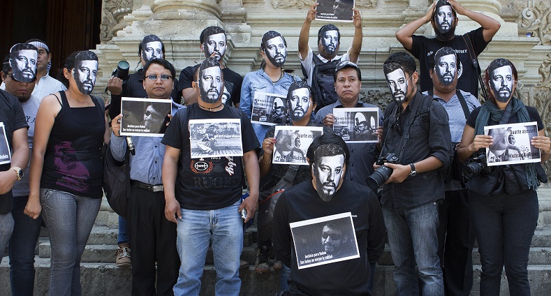 OAXACA, OAXACA: Press photographers participate in protests against the death of Ruben Espinosa, Aug. 2, 2015.