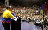 President Rafael Correa speaks to the National Road Transport Federation of Ecuador in a mass meeting held in the capital Quito, Aug. 6, 2015.