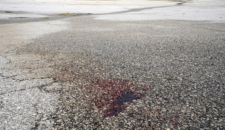 A pool of congealed blood marks the spot where police arrested Tyrone Harris after he was shot by police on Sunday night, in Ferguson, Missouri August 10, 2015. 