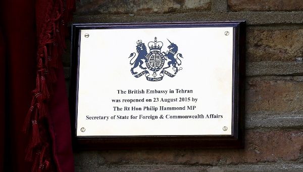 A plague marks the re-opening of the British Embassy by Britain's Foreign Secretary Philip Hammond in Tehran, Iran.