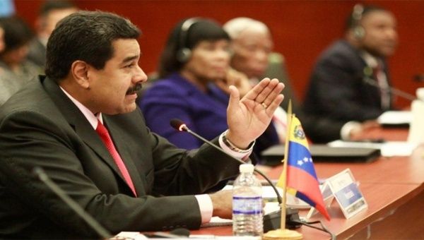 Venezuelan President Nicolas Maduro addresses PetroCaribe Summit attendees in Jamaica.