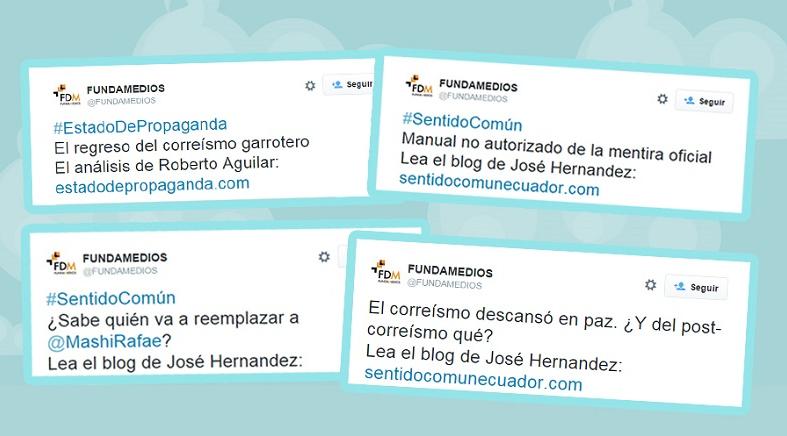 A composite image shows a number of tweets issued by Fundamedios that Ecuadorean official allege show the political nature of the work by the NGO.