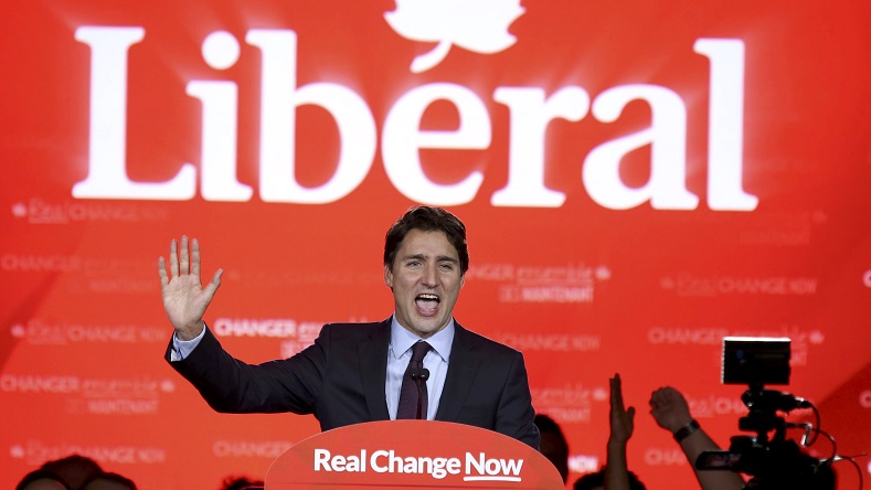 Liberal Party leader Justin Trudeau gives his victory speech after Canada's federal election in Montreal, Quebec, Oct. 19, 2015.