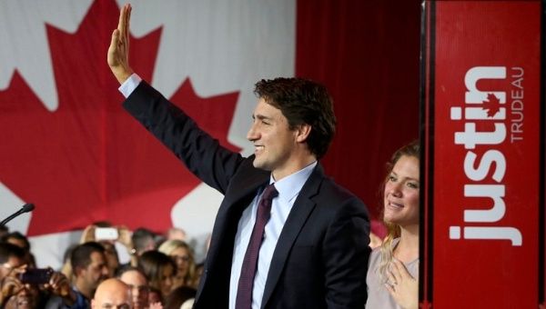 The Liberal Party's Justin Trudeau waves to supporters after winning Canada's Oct. 19 election.