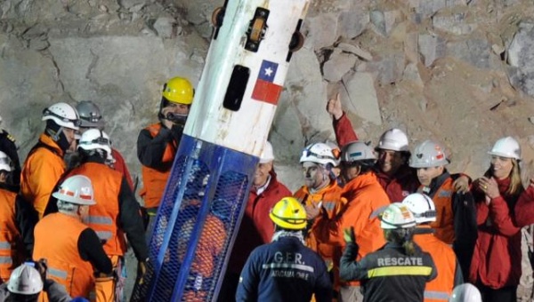 Rescuer Manuel Gonzalez gets into the Fenix capsule, starting the rescue operation of the 33 trapped miners in 2010.