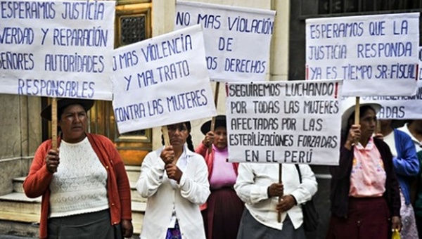 Women who suffered forced sterilization during the administration of former President Alberto Fujimori protest in Lima.