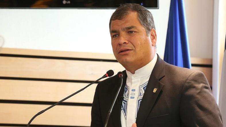 Ecuadorean President Rafael during a speech at the University of Poitiers, France, Nov. 27. 2015.