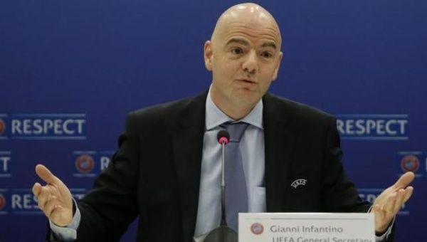 Gianni Infantino addresses a news conference after a UEFA Executive Committee meeting ahead of the annual congress in Vienna Mar.23, 2015.