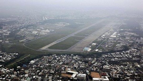 An aerial view shows U.S. Marine's Futenma air station on the island of Okinawa