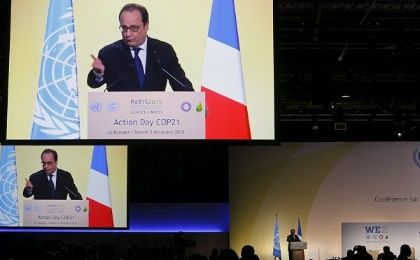 French President Francois Hollande delivers his speech during the Action Day at the World Climate Change Conference 2015, Dec. 5, 2015. 