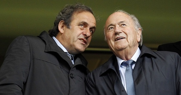 Michel Platini (L) and Sepp Blatter (R) at the Women’s Champions League final in 2013.