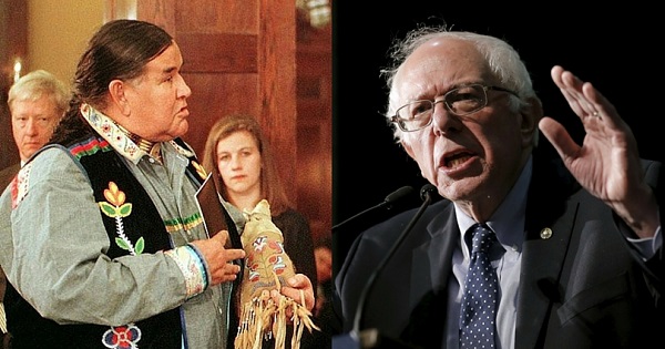 Clyde Bellecourt, co-founder of the American Indian Movement (L) and Democratic presidential candidate Bernie Sanders.