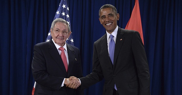 Cuban President Raul Castro and U.S. President Barack Obama shake hands ahead of a bilateral meeting at U.N. headquarters in New York, Sept. 29, 2015.