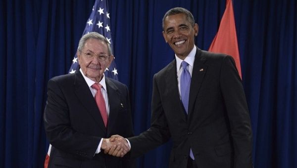 Cuban President Raul Castro and U.S. President Barack Obama shake hands ahead of a bilateral meeting at U.N. headquarters in New York, Sept. 29, 2015.