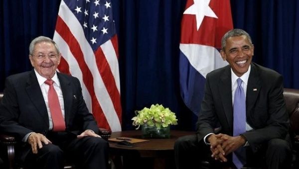 Cuban President Raul Castro and U.S. President Barack Obama smile during a bilateral meeting at U.N. headquarters in New York, Sept. 29, 2015.