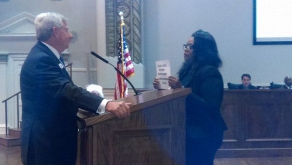 BLM activist Karen Jones confronts Montgomery Mayor Todd Strange over the police killing of Greg Gunn, March 1, 2016.