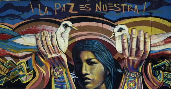 Peace-themed graffiti in Bogota, Colombia, reads 