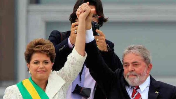 Brazil’s president, Dilma Rousseff, with Luiz Inácio Lula da Silva outside Palácio do Planalto, Brasilia, in 2011. 