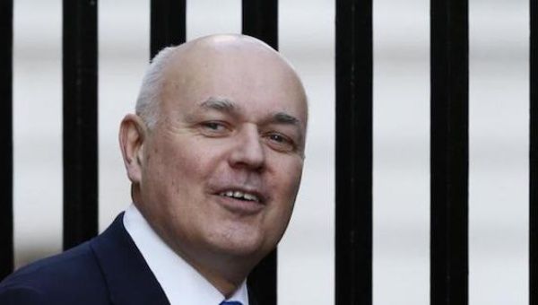 British Welfare Minister Iain Duncan Smith arrives to attend a cabinet meeting at Number 10 Downing Street in London, Britain Feb. 23, 2016.