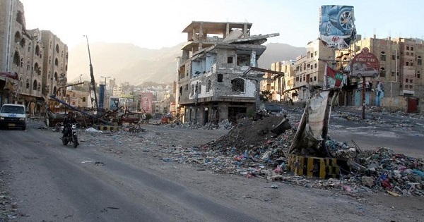 A view of buildings destroyed during recent fighting in Yemen's southwestern city of Taiz March 14, 2016.