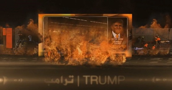 Donald Trump's photo is shown in flames in the video.