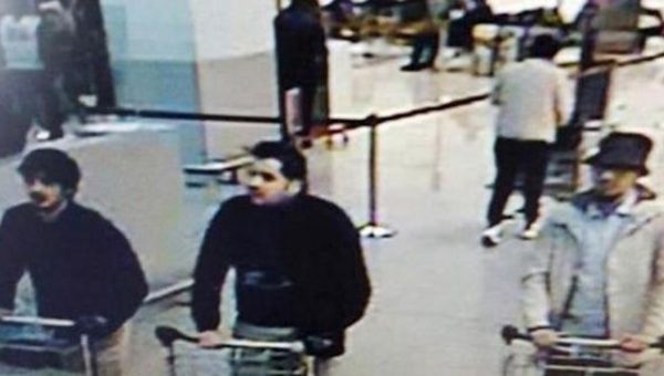 This CCTV image from the Brussels Airport surveillance cameras made available by Belgian Police, shows what officials believe may be suspects in the Brussels airport attack on March 22, 2016.