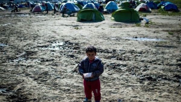 A boy stands in a field at a makeshift migrant camp at the Greek-Macedonian border near the village of Idomeni, on March 25, 2016