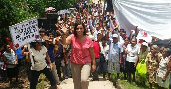 Peruvian presidential hopeful Veronika Mendoza visits the community of Chazuta, San Martin, during her campaign.