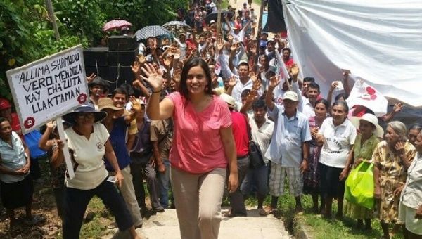 Peruvian presidential hopeful Veronika Mendoza visits the community of Chazuta, San Martin, during her campaign. 