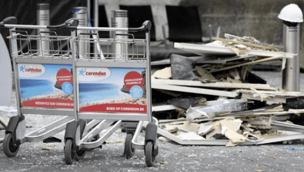 Wreckage are seen outside the terminal at Brussels International airport following bomb attacks in Brussels metro and Belgium's airport of Zaventem, Belgium, March 23, 2016.