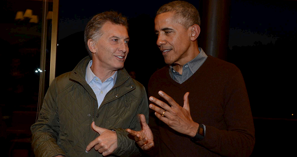 .S. President Barack Obama (R) and Argentine President Mauricio Macri speak before Obama’s departure from San Carlos de Bariloche for Buenos Aires, March 24, 2016.