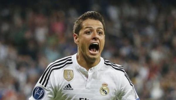 Javier Hernandez celebrates after scoring his first goal for Real Madrid, for whom he played one season before arriving to Leverkusen.