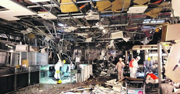 Damage is seen inside the departure terminal following the March 22, 2016 bombing at Zaventem Airport.