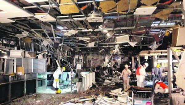 Damage is seen inside the departure terminal following the March 22, 2016 bombing at Zaventem Airport.